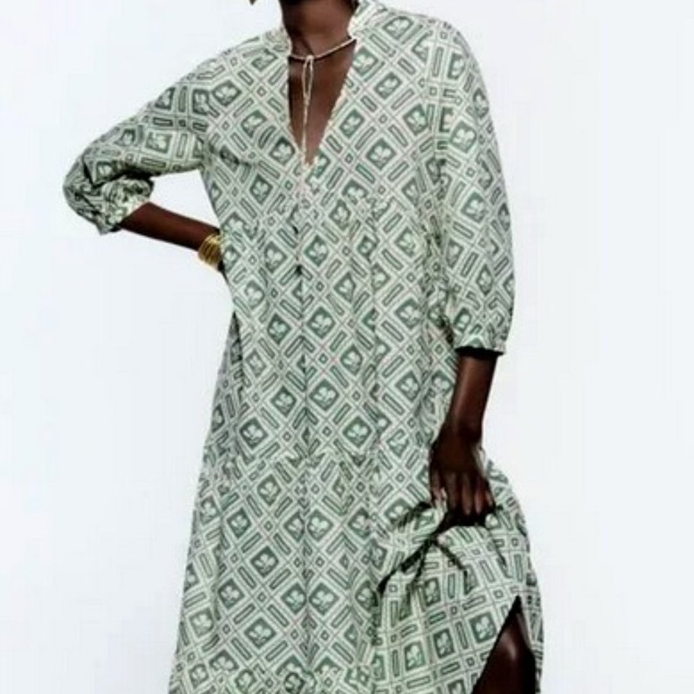 Zara Long Print Dress, Green, M